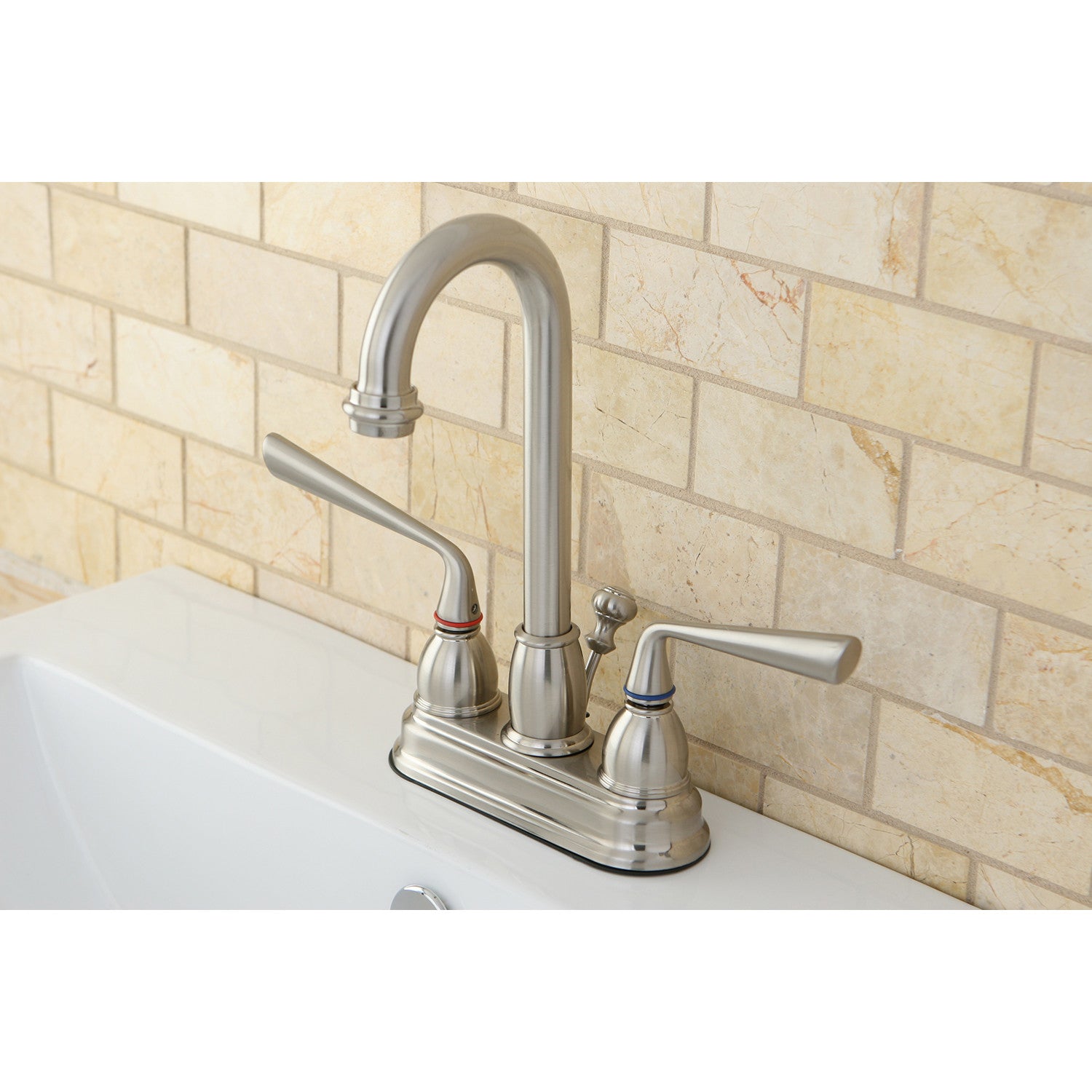 Kingston Tulare KB3618ZL - Silver Sage Double-Handle 3-Hole Deck Mount 4-Inch Centerset Bathroom Faucet with Pop-Up Drain, Brushed Nickel — thumbnail 2